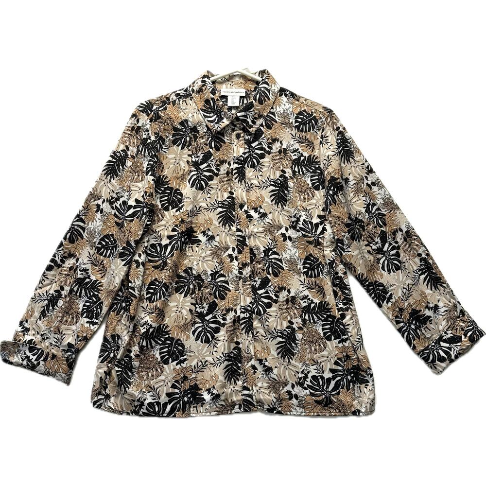 CUPCAKES AND CASHMERE Satiny Lightweight Blouse Women's Sz L Black Tan Botanical